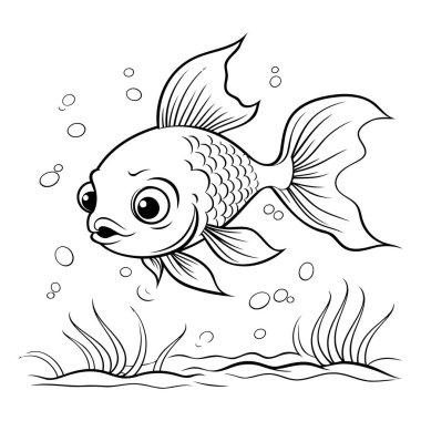 Suyun altında yüzen tatlı bir Japon balığının siyah beyaz vektör çizimi.