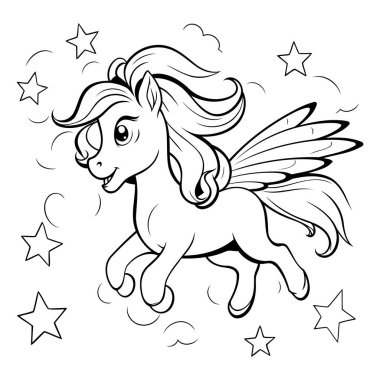 Kanatları ve yıldızları olan tek boynuzlu at. Boyama kitabı için Vektör illüstrasyonu.
