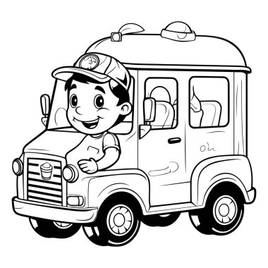 Fast Food Truck ya da Coloring Book için Minibüs kullanan Siyah-Beyaz Çocuk Çizgi Filmi