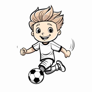 Beyazların arka planında top ile koşan çizgi film oyuncusu. Vektör illüstrasyonu.