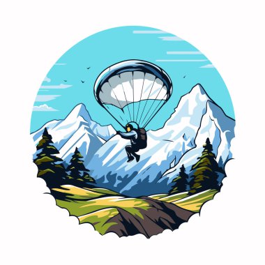 Paraglider dağların üzerinden uçuyor. Çizgi film tarzında vektör illüstrasyonu.
