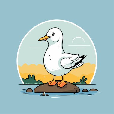 Göldeki kayanın üzerindeki martı. Vektör illüstrasyonu.