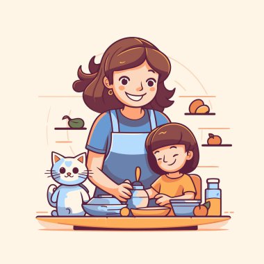 Anne ve oğlu birlikte yemek pişiriyor. Çizgi film tarzında vektör illüstrasyonu.