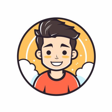 Gülümseyen adam yüzü. Düz bir şekilde vektör illüstrasyonu. Logo için tasarım elemanı. Etiket. Amblem. imzala.