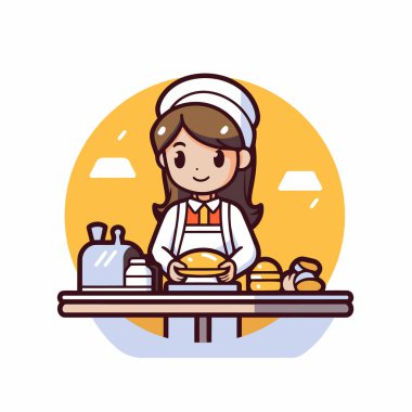 Hamburger ve çörekli kız şef. Çizgi film tarzında vektör illüstrasyonu