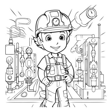 Çocuk İnşaat İşçisi ya da Mühendis Boyama Sayfasının Siyah ve Beyaz Çizgi Filmleri