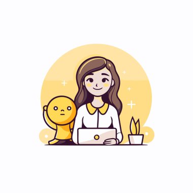 Dizüstü bilgisayar ve gülücük kullanan genç bir kadının vektör çizimi