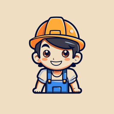 Vektör İllüstrasyonu. Sert Şapkalı Yakışıklı Çocuk ve Sert Şapkalı Gülümseyen Adam. Bej Arkaplanda İzole Edilmiş.