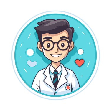 Yuvarlak rozetli sevimli erkek doktor çizgi film karakteri. Vektör illüstrasyonu.