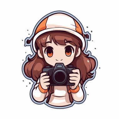 Şapka takan ve elinde kamera tutan tatlı bir kızın tasviri