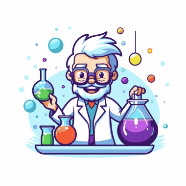 Matarası ve beher kabı olan bilim adamı çizgi film karakteri. Vektör illüstrasyonu.