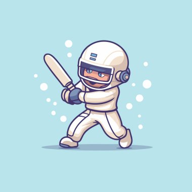 Kasklı kriket oyuncusu ve beyzbol sopası tutan eldivenler. Vektör illüstrasyonu.