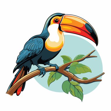Yapraklı bir dalda oturan bir Toucan. Vektör illüstrasyonu.