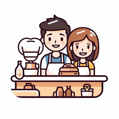 Mutfakta yemek yapan sevimli bir çift. şirin karakterler vektör çizimi tasarımı