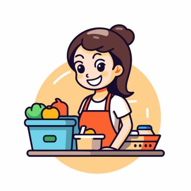 Mutfakta yemek yapan kız. Düz bir şekilde vektör illüstrasyonu.