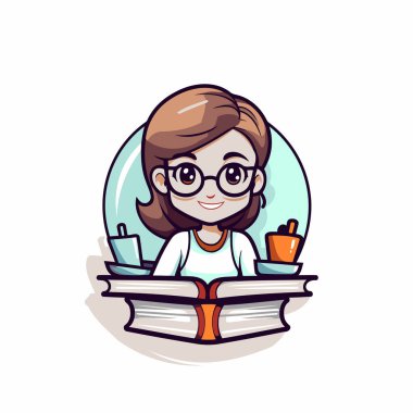 Kitap okuyan gözlüklü sevimli çizgi film kızı. Vektör illüstrasyonu.