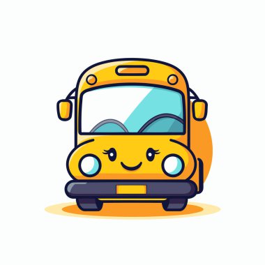 Okul otobüsü çizgi film karakteri çizimi. Şirin, mutlu, gülümseyen okul servisi ikonu.