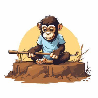 Maymun bir kütüğe oturur ve bir beyzbol sopası tutar. Vektör illüstrasyonu