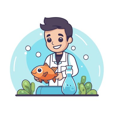 Elinde balık tutan laboratuvar önlüklü bir çocuğun resmi..