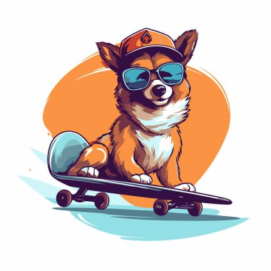 Güneş gözlüklü sevimli çizgi film köpeği kaykaya biniyor. Vektör illüstrasyonu.