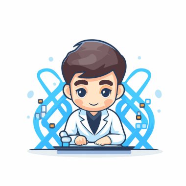 Laboratuvarda çalışan çizgi film bilimcisi. Bilim ve teknoloji konsepti. Vektör illüstrasyonu