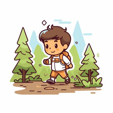 Ormanda koşan sevimli küçük çocuk. Vektör çizgi film illüstrasyonu.