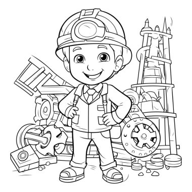 İnşaat teçhizatı olan bir çocuğun boyama sayfası.
