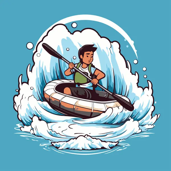 Hombre Navegando Kayak Mar Ilustración Vectorial Estilo Dibujos Animados — Archivo Imágenes Vectoriales
