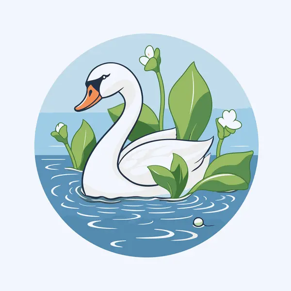 Bílá Labuť Vodě Listy Květy Vektor Ilustrační Grafický Design — Stockový vektor
