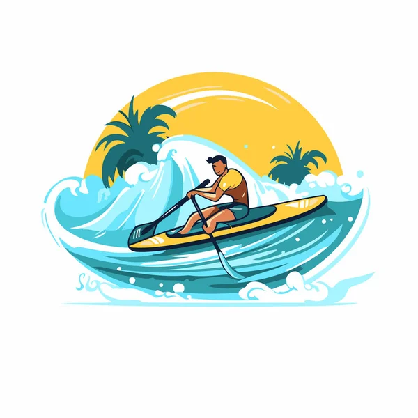 Hombre Kayak Las Olas Del Océano Ilustración Vectorial — Archivo Imágenes Vectoriales