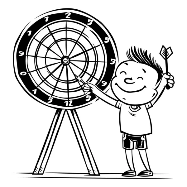 Cartoon Illustratie Van Kid Boy Holding Pijl Dart Board Voor — Stockvector