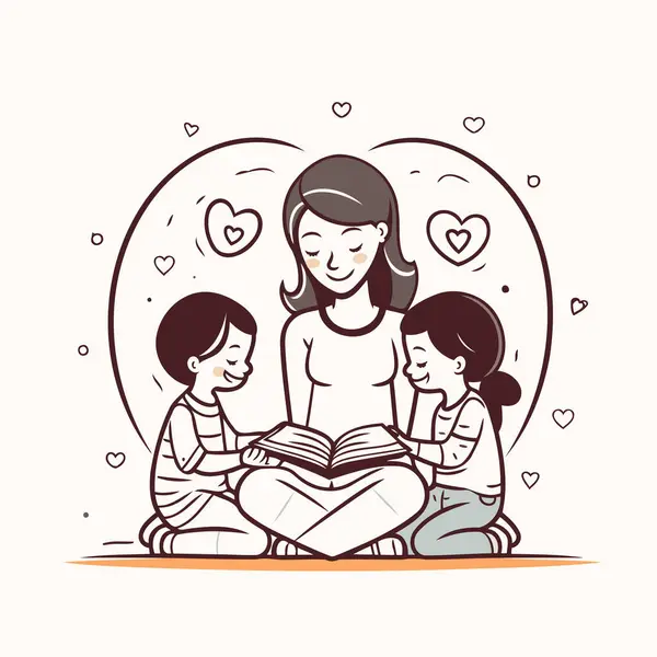 妈妈和她的孩子一起看书 幸福家庭的矢量图解 — 图库矢量图片