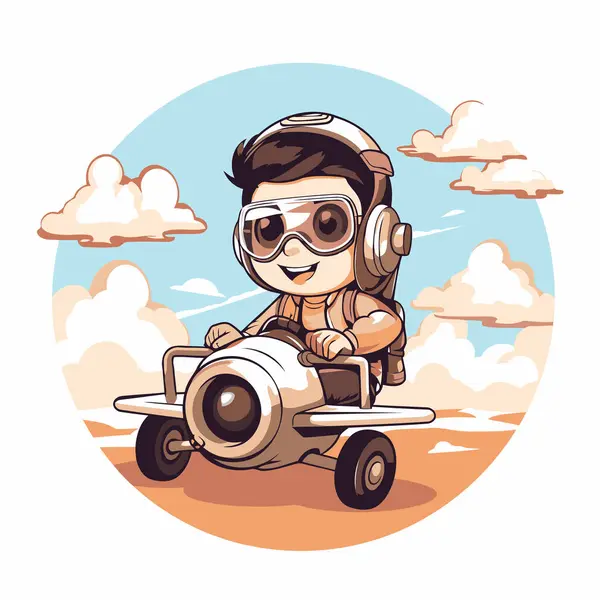 Netter Cartoon Astronaut Mit Flugzeug Vektor Illustration Eines Jungen Weltraumanzug — Stockvektor