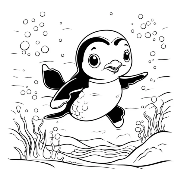 Κινούμενος Πιγκουίνος Κολυμπά Κάτω Ασπρόμαυρη Διανυσματική Απεικόνιση — Διανυσματικό Αρχείο