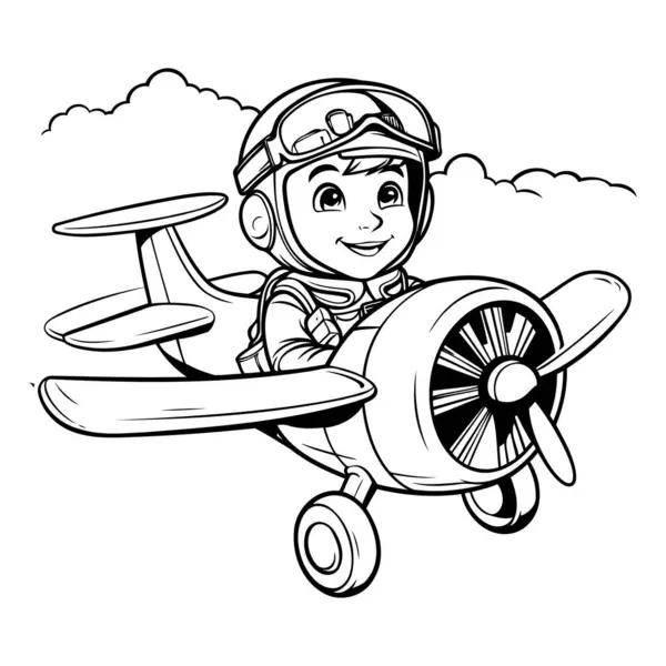 Netter Junge Pilot Mit Flugzeug Vektorillustration Malbuch Für Kinder — Stockvektor