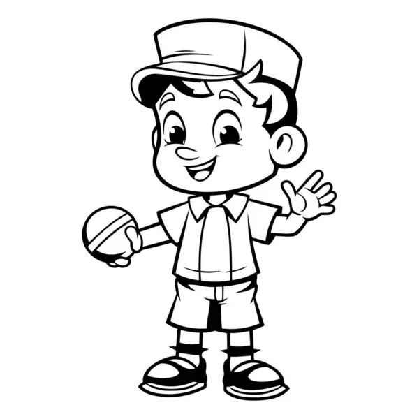 Cute Boy Playing Baseball Black White Cartoon Illustration Inglês Vetor — Vetor de Stock