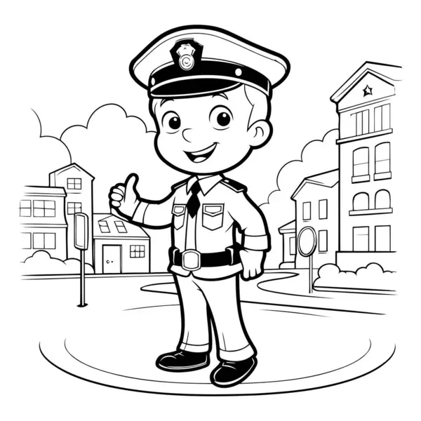 Zwart Wit Cartoon Illustratie Van Little Policeman Police Officer Karakter — Stockvector