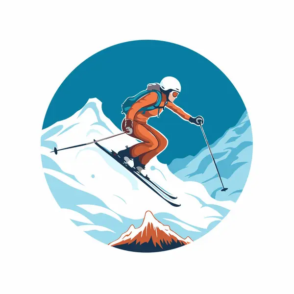 Skiing Woman Mountains Vector Illustration White Background — Stock Vector