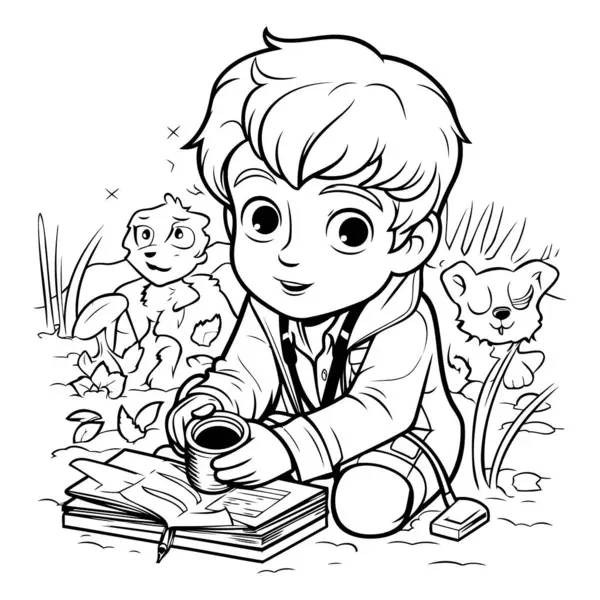 Black White Cartoon Illustration Kid Boy Reading Book Field Park — Stock Vector