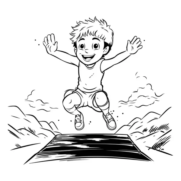 Ilustração Desenhos Animados Preto Branco Criança Pulando Correndo Parque — Vetor de Stock