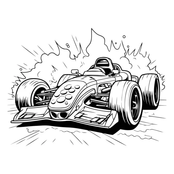 Ilustracja Samochodu Wyścigowego Czarno Białym Tle — Wektor stockowy