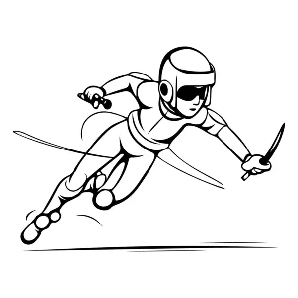 Illustration Eines Skifahrers Der Mit Einem Schwert Der Hand Springt — Stockvektor
