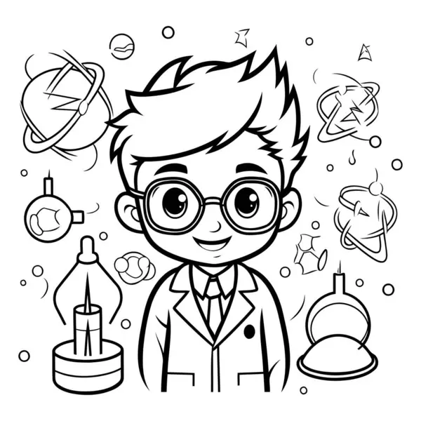 Çocuklar için boyama kitabı: Bilim ve eğitim sembolleri olan çocuk.