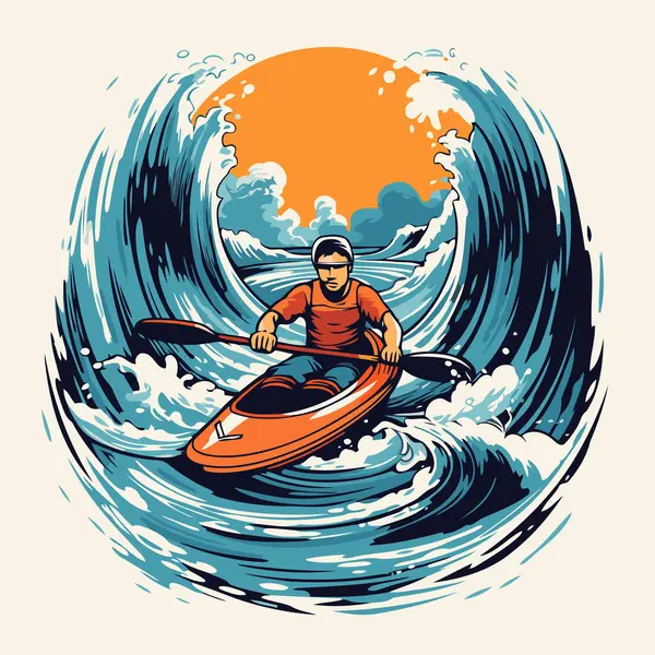 Hombre Kayak Las Olas Ilustración Vectorial Estilo Retro — Archivo Imágenes Vectoriales