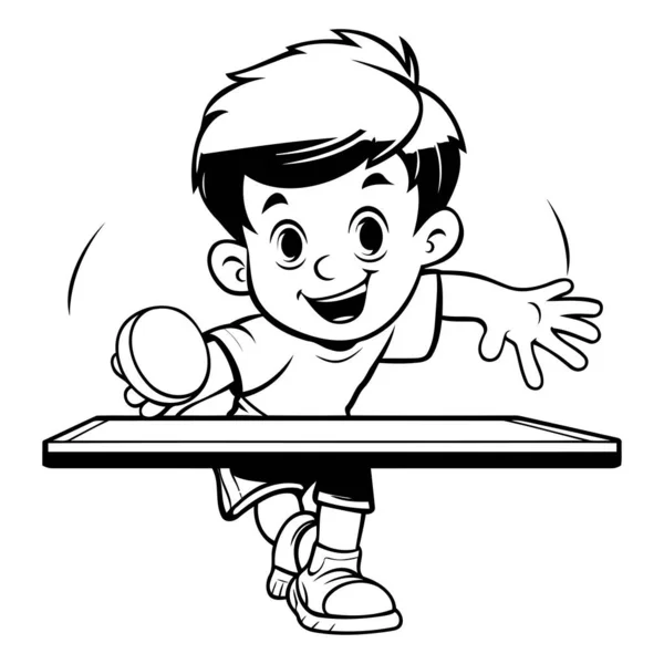 Menino Jogando Tênis Mesa Black White Cartoon Illustration Vetor — Vetor de Stock
