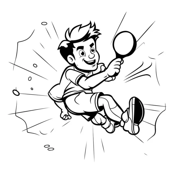 Rapaz Dos Desenhos Animados Jogar Badminton Ilustração Vetorial Preto Branco — Vetor de Stock