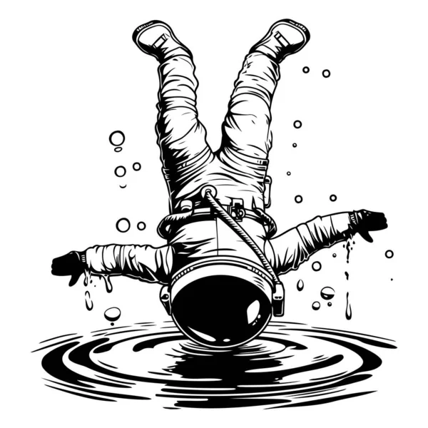 Suda bir astronot. Siyah ve beyaz vektör çizimi.