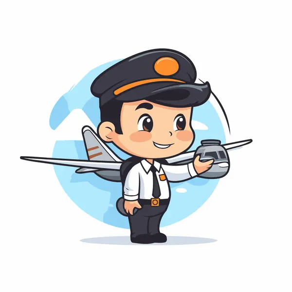 Piloto Bonito Com Avião Avião Ilustração Personagem Desenho Animado Vetorial — Vetor de Stock