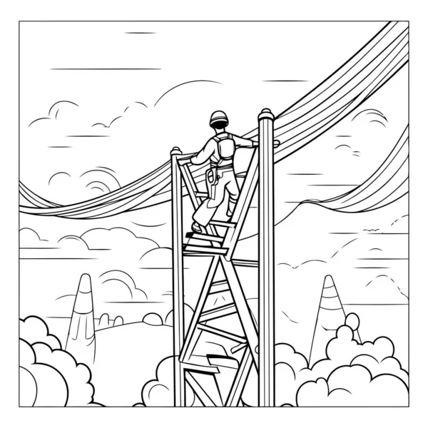 Man Climbing Rope Ladder Black White Vector Illustration — Stock Vector