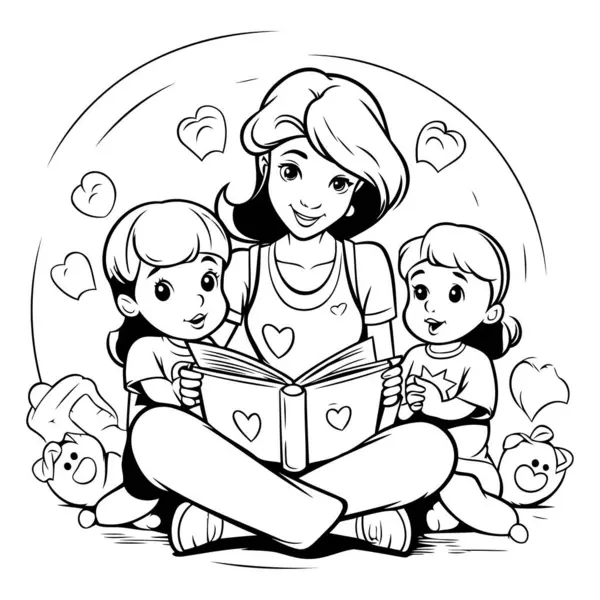 妈妈和她的孩子一起看书 黑白矢量图解 — 图库矢量图片
